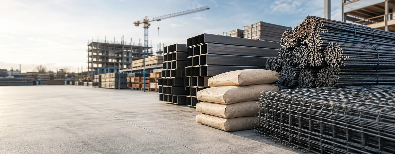 Varilla, perfiles de acero, cemento y malla para construcción