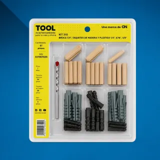 KIT310 D/BROCA 1/4,TAQUETES,MAD.Y PLAST.1/4,5/16,
